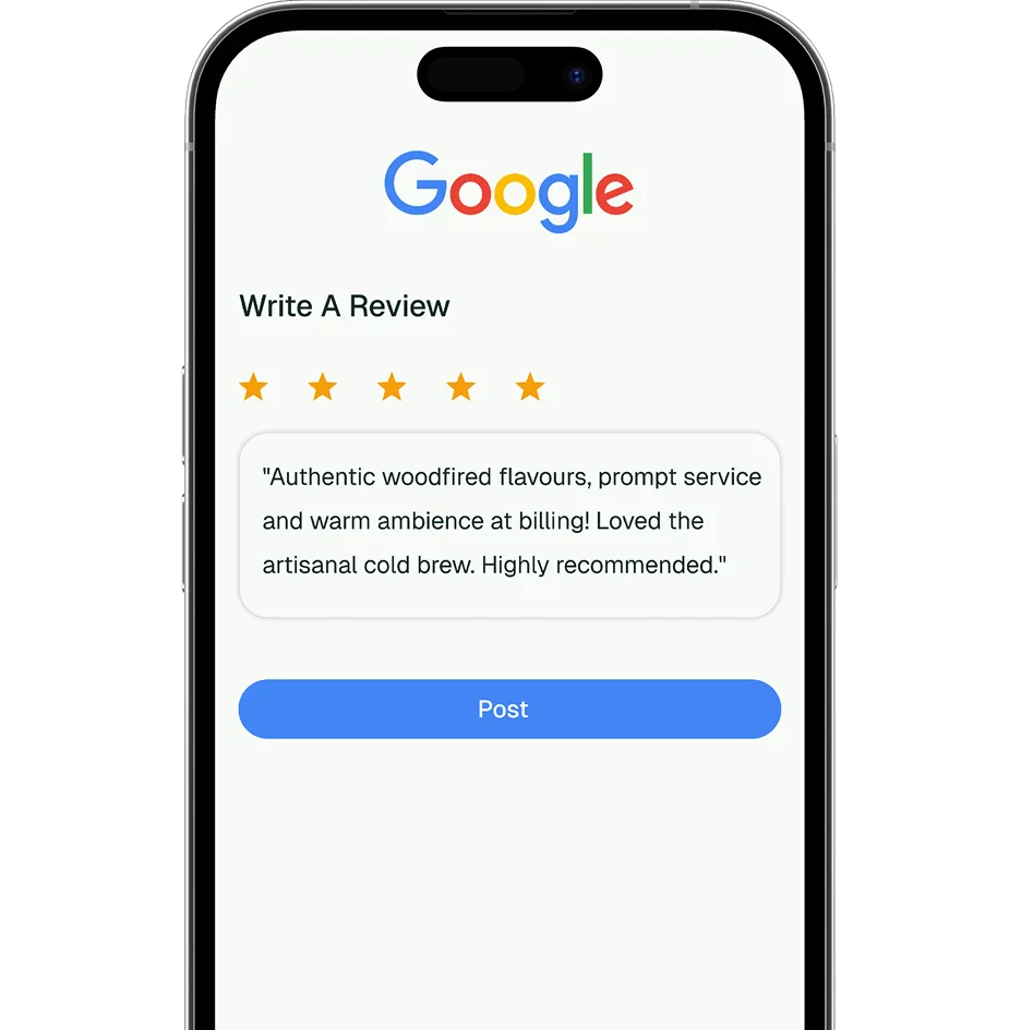 Phone showing a 5-star review ready to post on Google